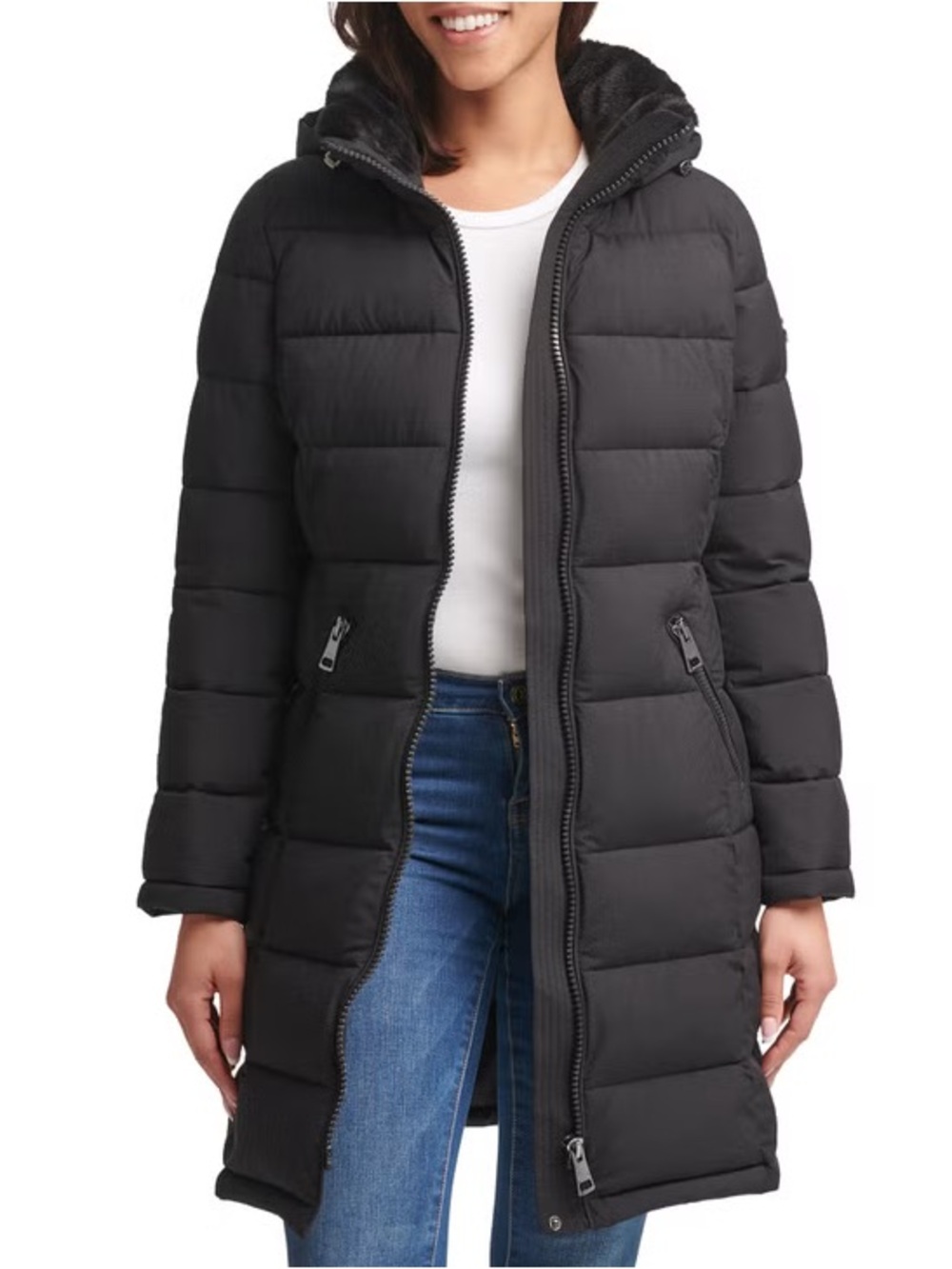 Andrew Marc Ladies Long Stretch Jacket Black Puffer Coat Size L
